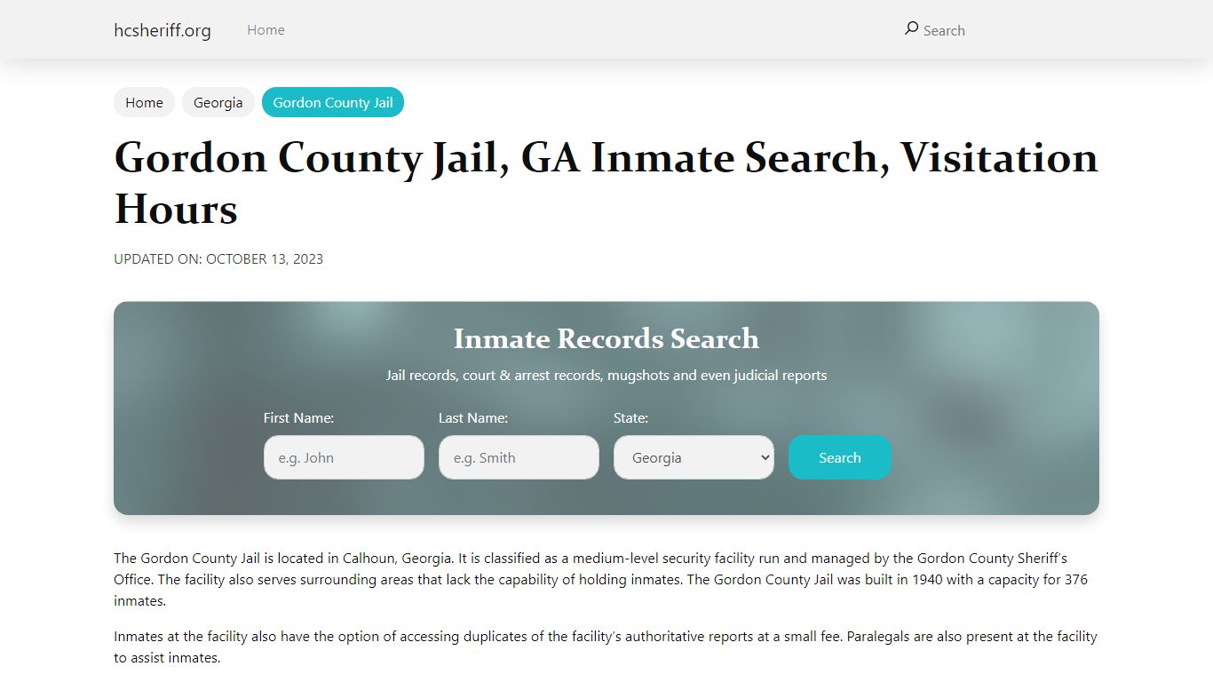 Gordon County Jail, GA Inmate Search, Visitation Hours